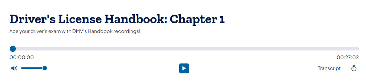 Media Player showing an audio file called "Driver's License Handbook: Chapter 1," with transcript link and standard audio controls.
