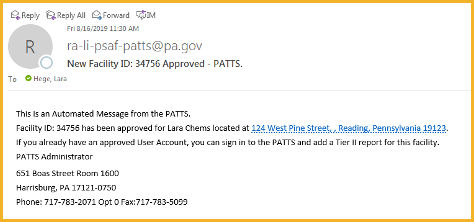 Example of automated email from P A T T S