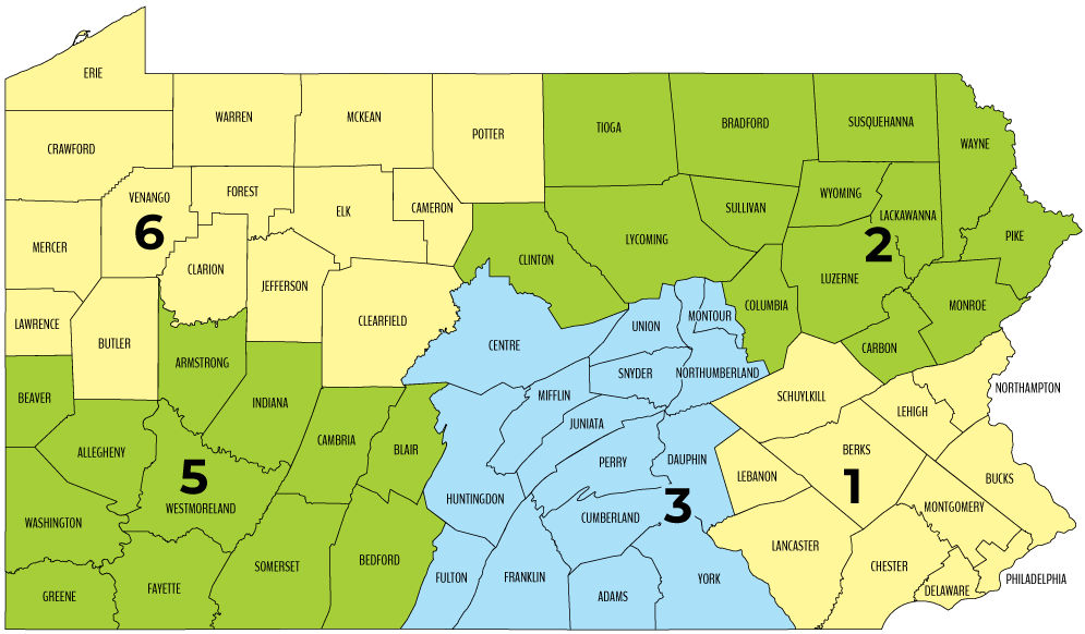 A county map of Pennsylvania with PSP Aviation zones