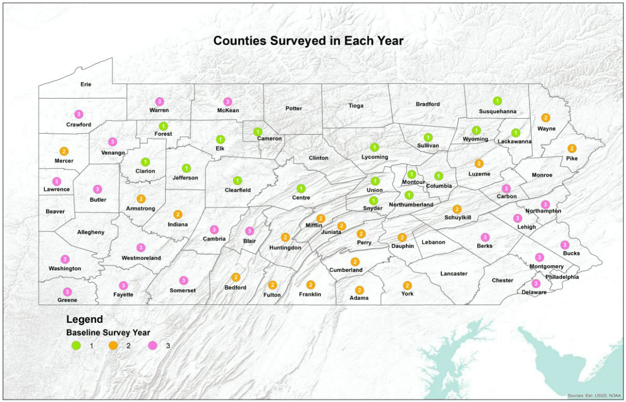  Map showing survey location by year. The specific number and order of counties to be surveyed may be subject to change.