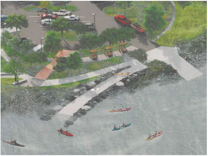 Drawing of a new designed boat launch with a parking lot full of trucks with trailers, paved launch ramps and kayaks floating in the river off the ramps.