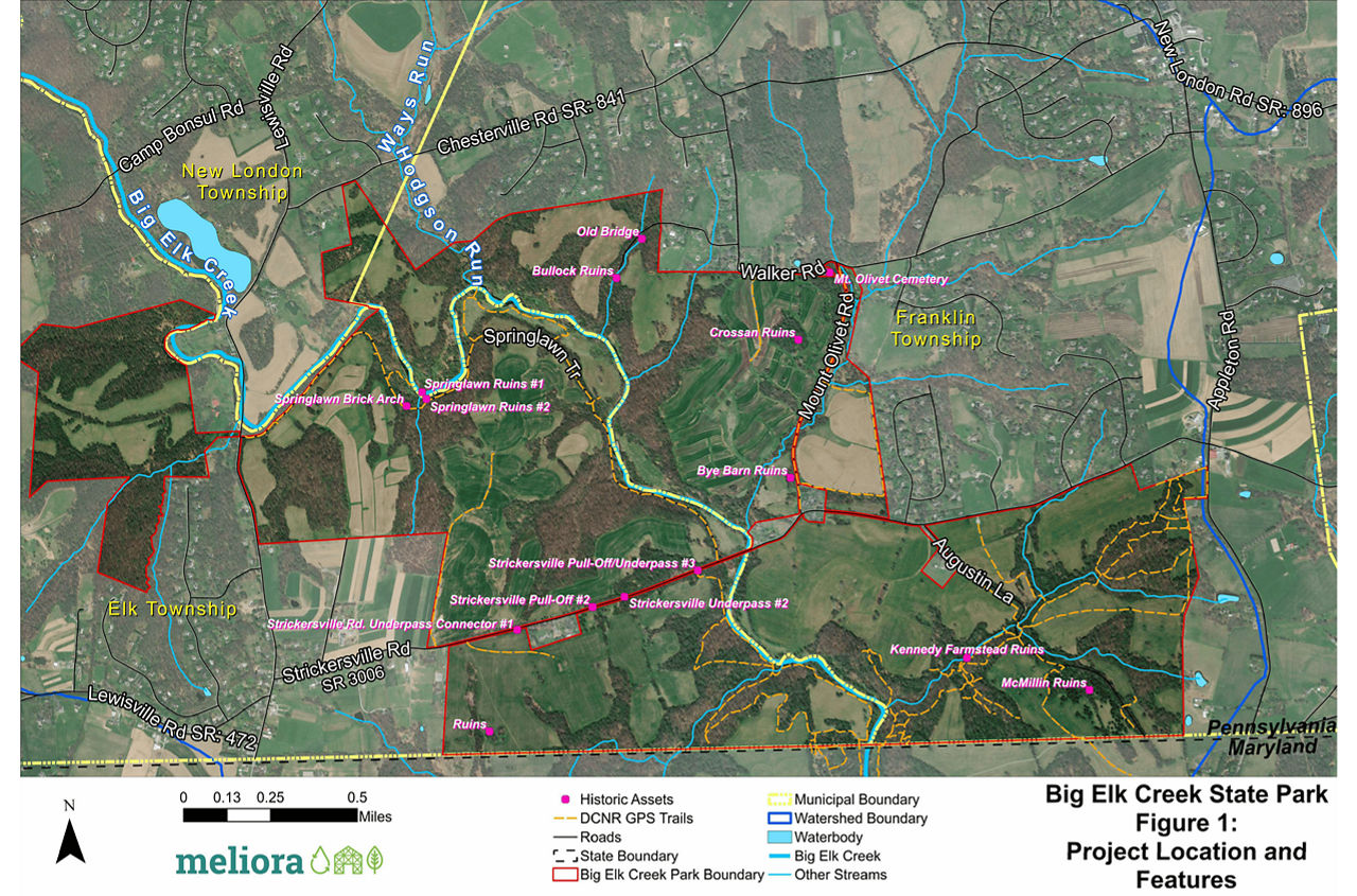 Figure 1: A map showing the project locations and features at Big Elk Creek State Park.