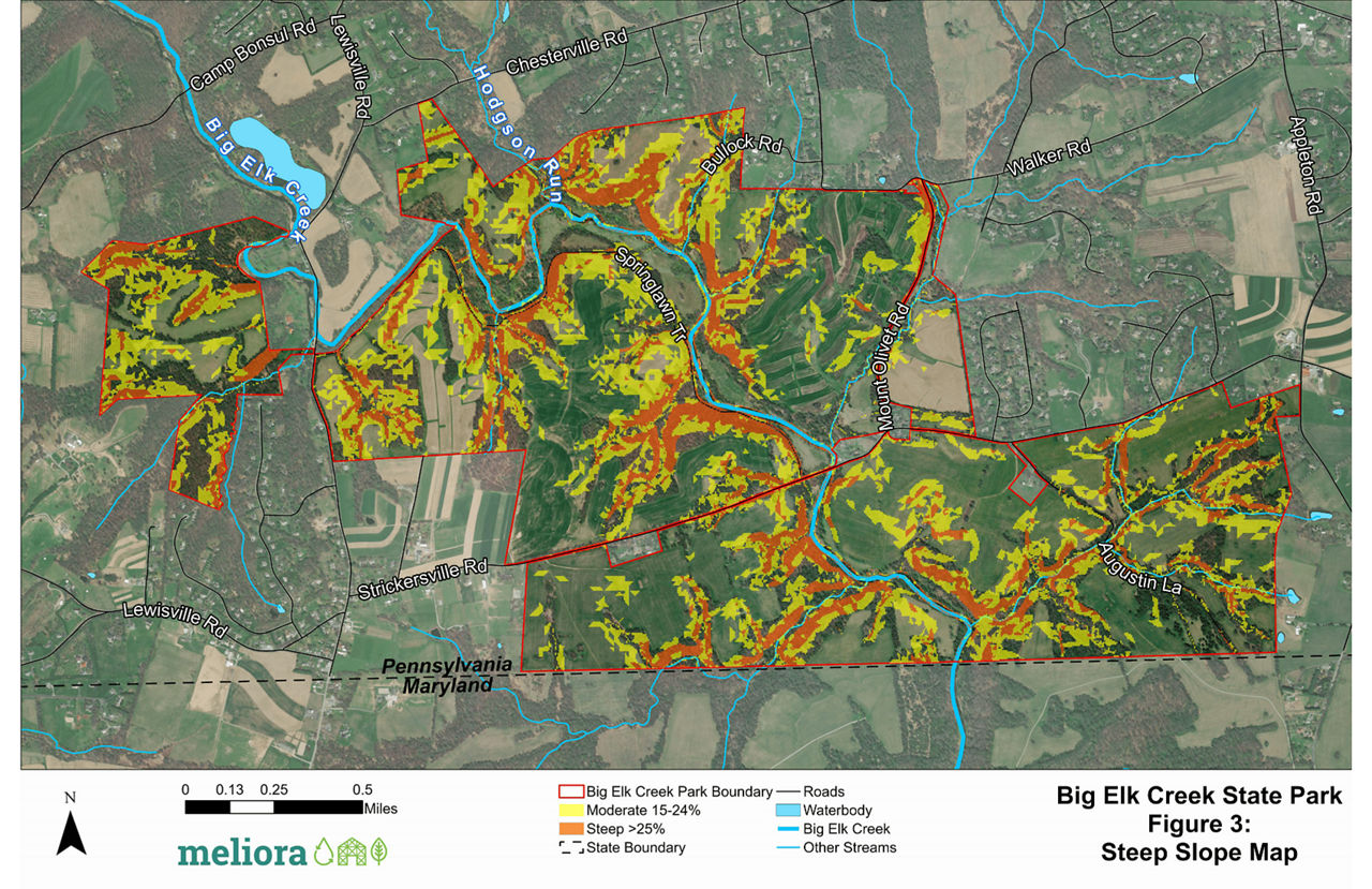 Figure 3: a map showing the steep slopes and terrain at Big Elk Creek State Park.