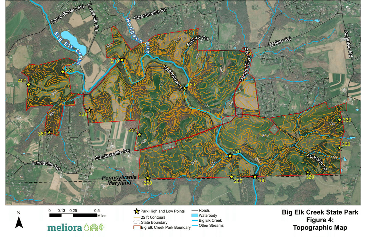 Figure 4: a map showing the topography at Big Elk Creek State Park.