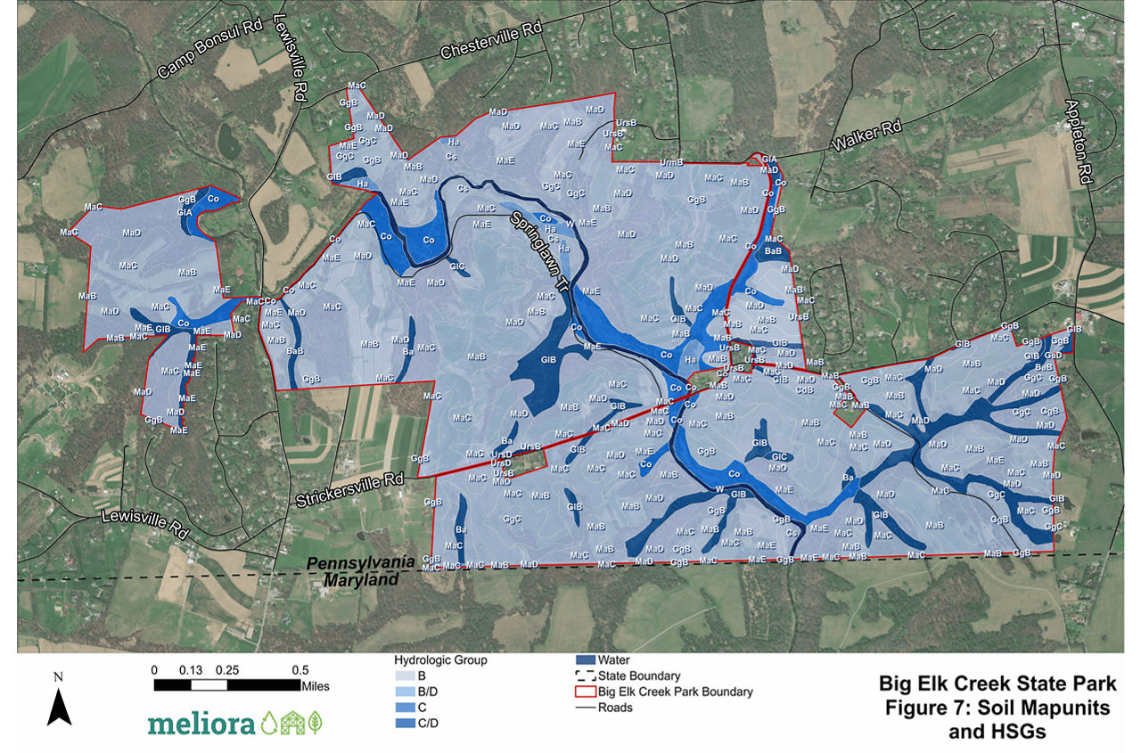Figure 7: a map showing Soil Mapunits and HSGS at Big Elk Creek State Park.