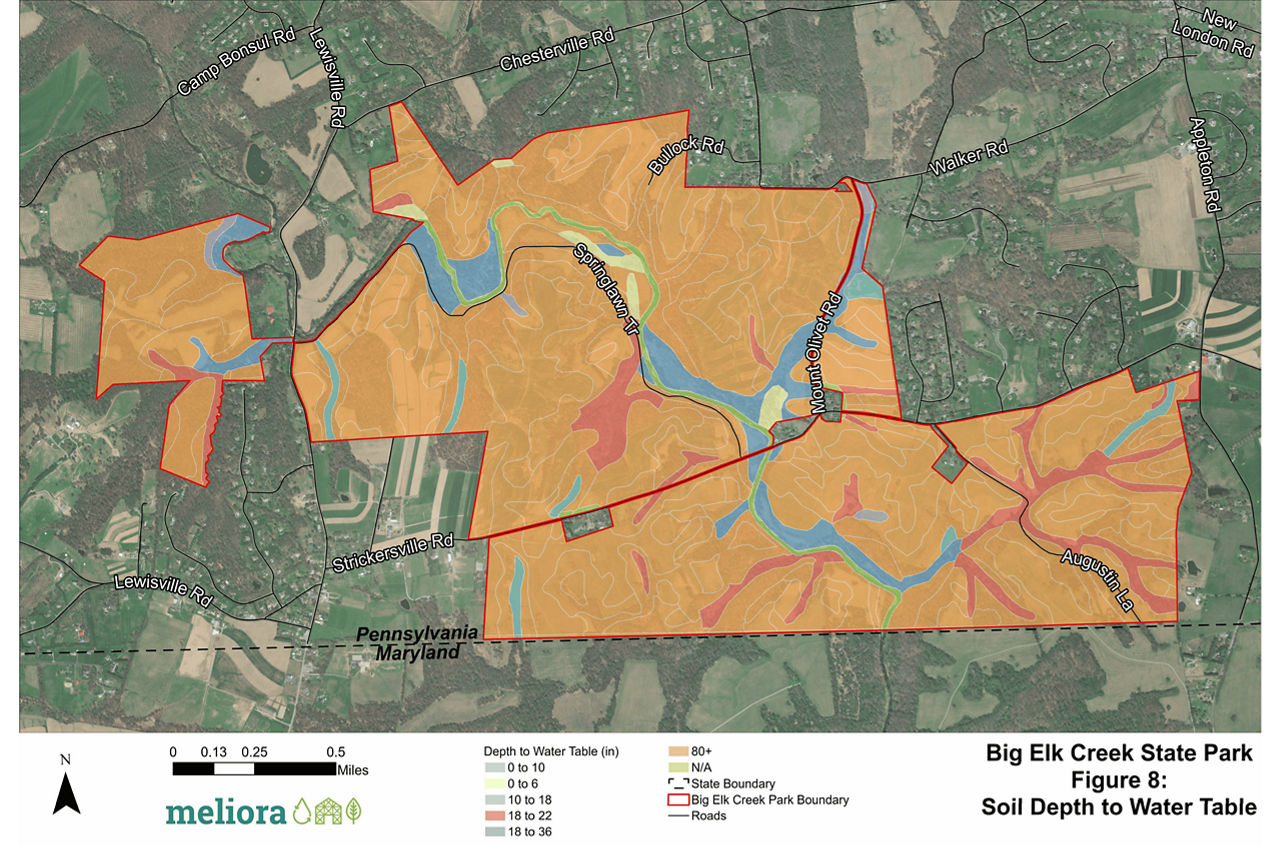 Figure 8: a map showing the soil depth to the water table at Big Elk Creek State Park.