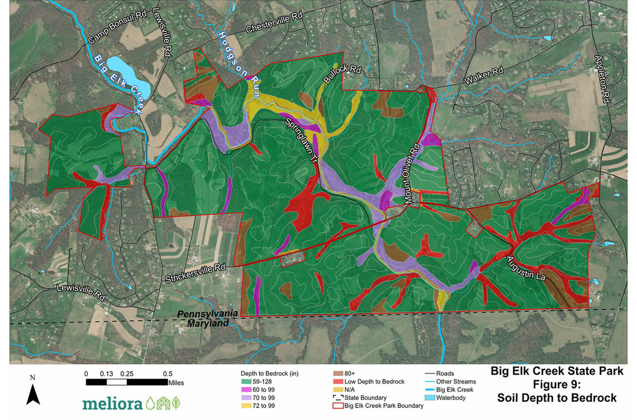 Figure 9: a map showing the soil depth to bedrock at Big Elk Creek State Park.
