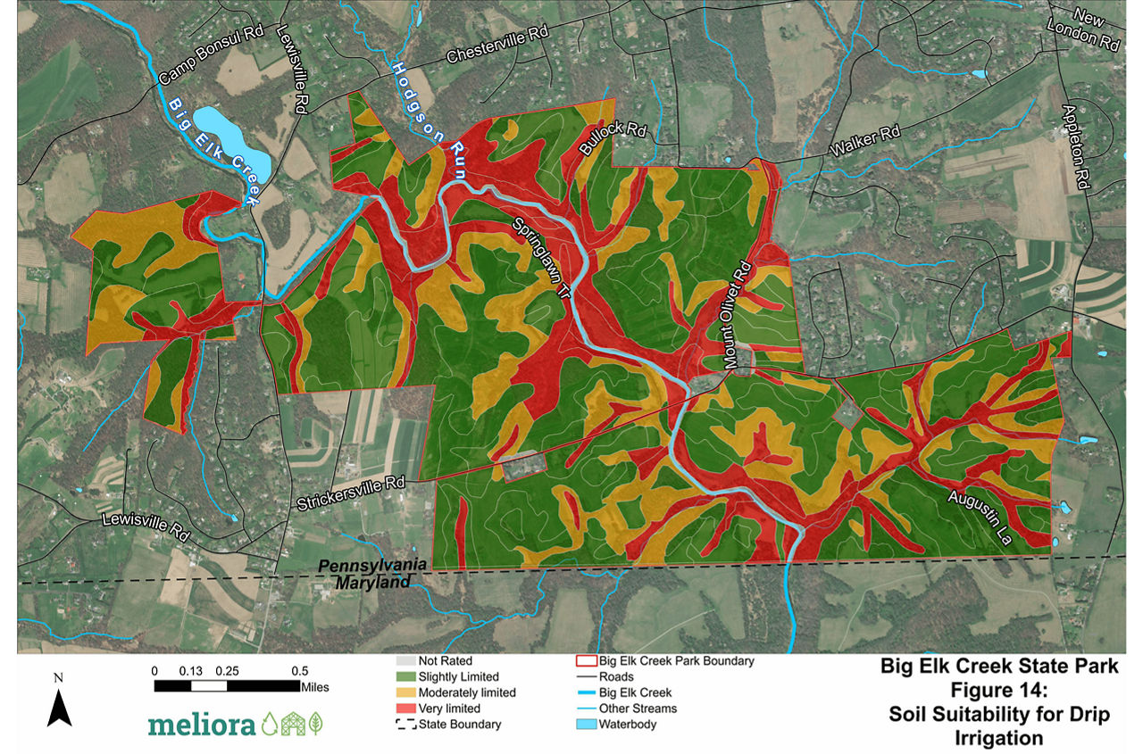 Figure 14: a map showing the soil suitability for Drip Irrigation at Big Elk Creek State Park.