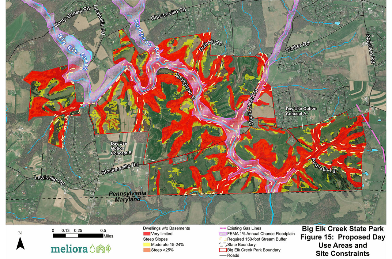 Figure 15: a map showing the proposed day use areas and site constraints at Big Elk Creek State Park.