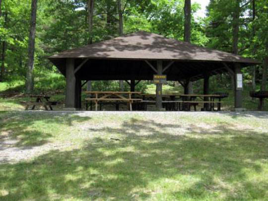 A wooden pavilion covering several picnic tables surrounded by the woods with parking close by