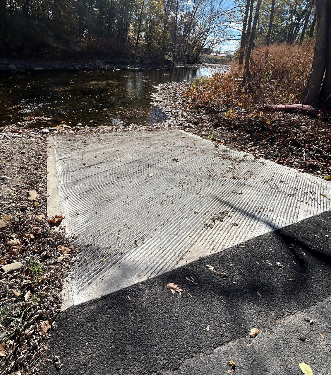Close-up of a concrete boat ramp with textured concrete for safety precautions.