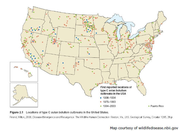 Map of locations of type c avian botulism outbreaks in the United Stated