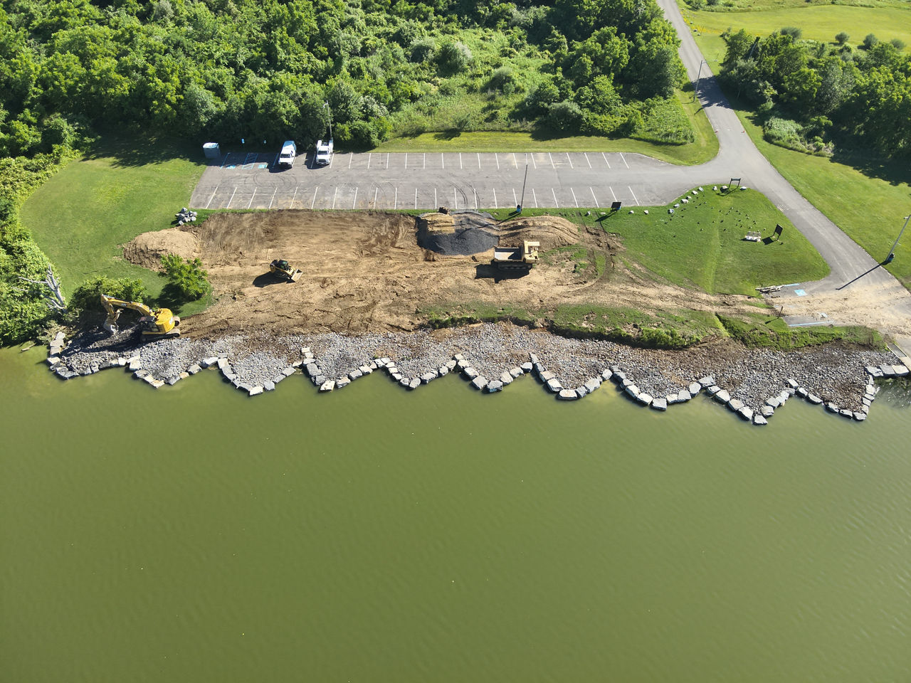 An aerial view of shoreline deflectors installed along Briar Creek Lake shoreline.