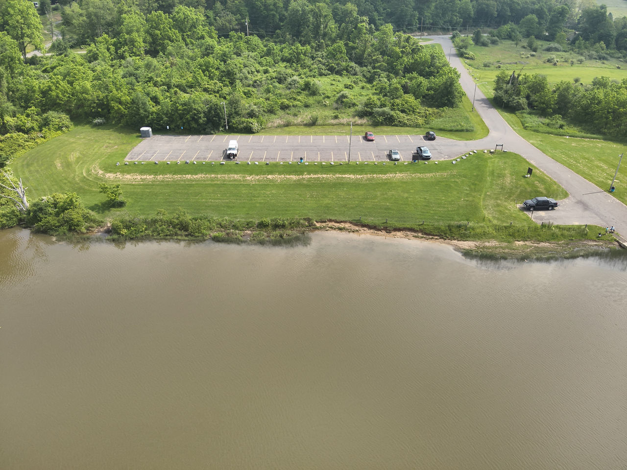 An aerial view of the eroded shoreline along Briar Creek Lake shoreline.