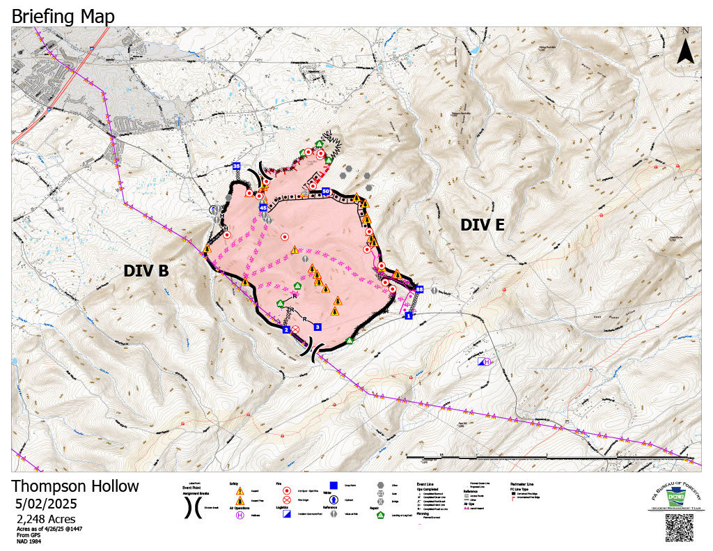 Map showing the current spread of the Thompson Hollow wildfire as of May 2, 2025