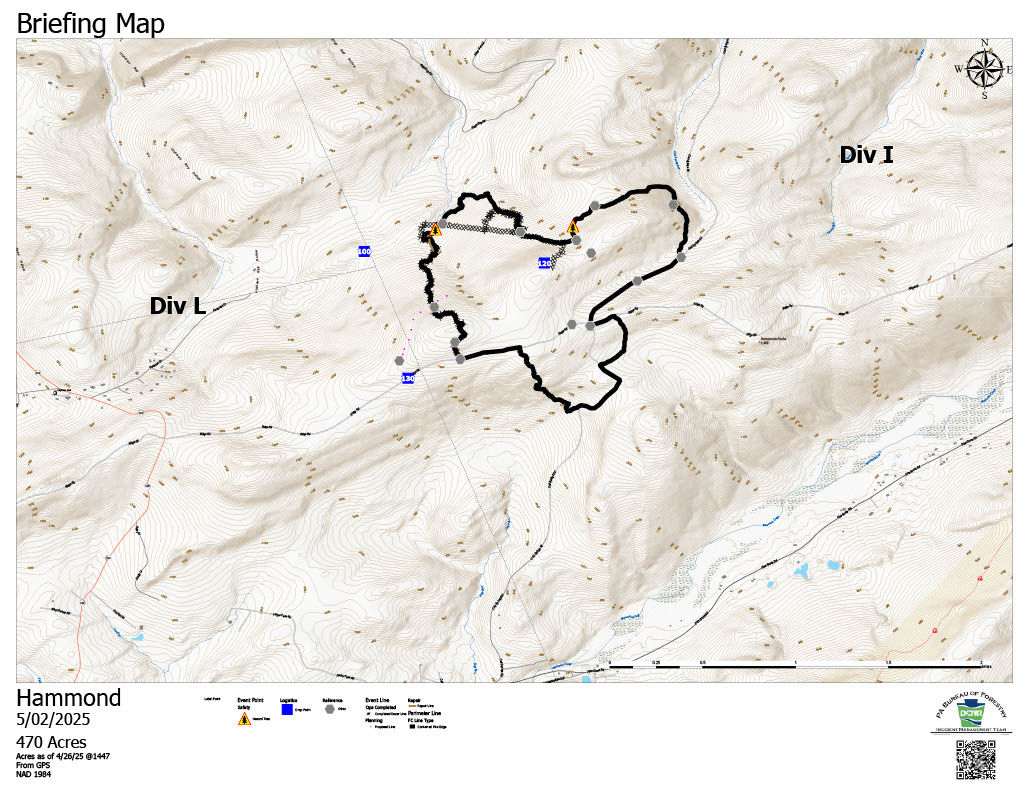Map showing the current spread of the Hammonds Rocks wildfire as of May 2, 2025