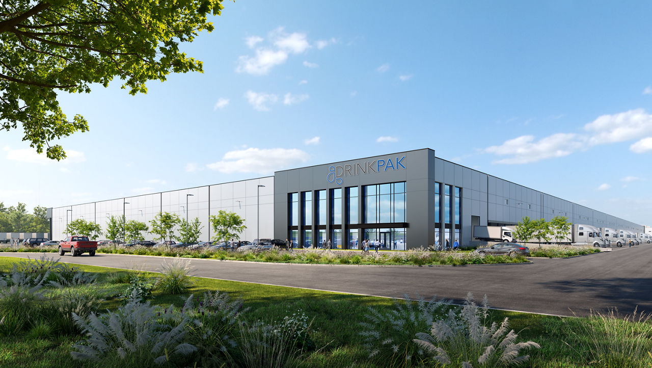 A rendering of an industrial building near Philadelphia, on a sunny day.