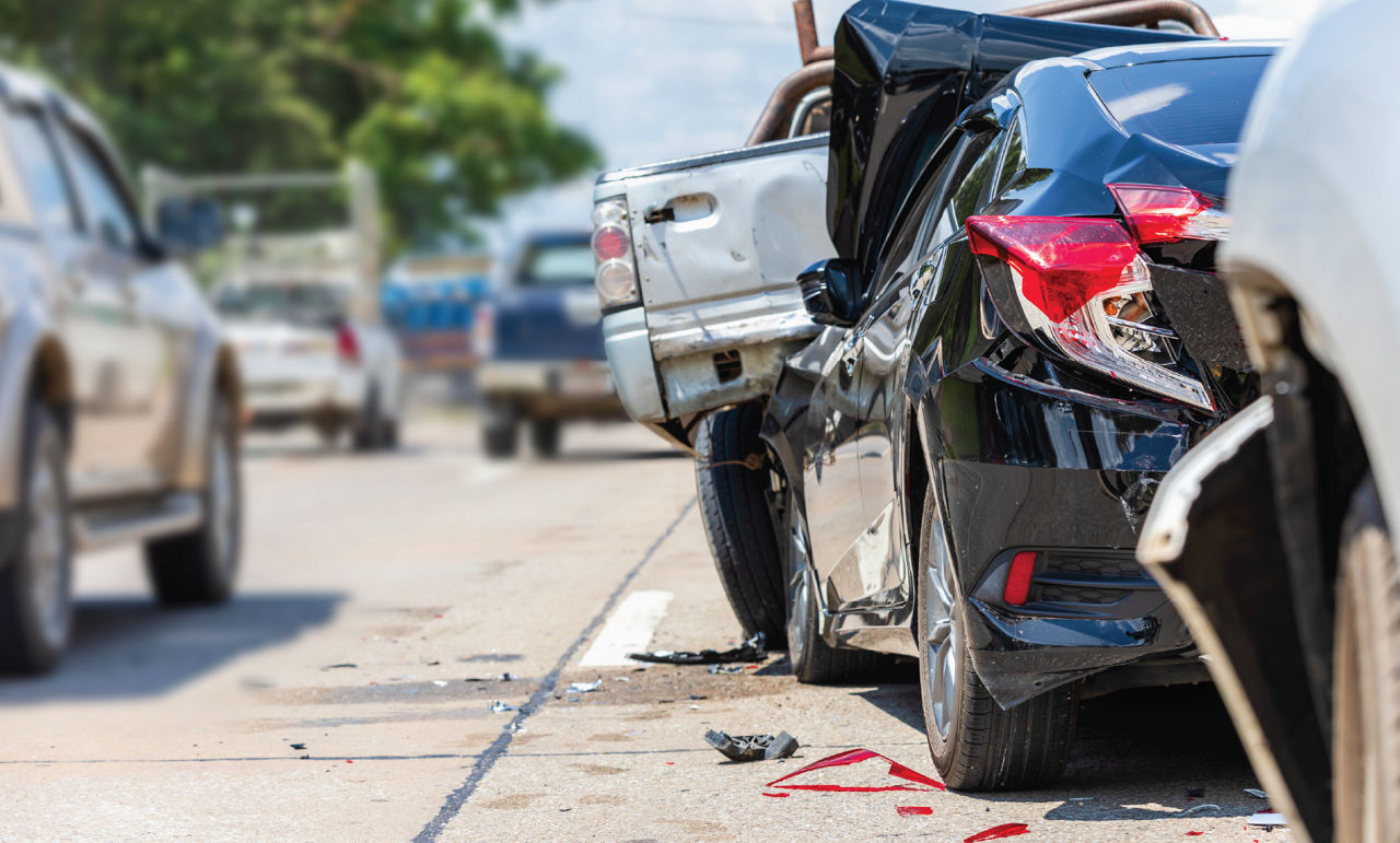 Close-up of a car that has been rear-ended.
