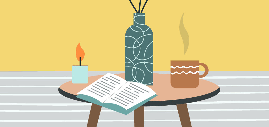 illustration of a table with a lit candle, cup of tea, and book.