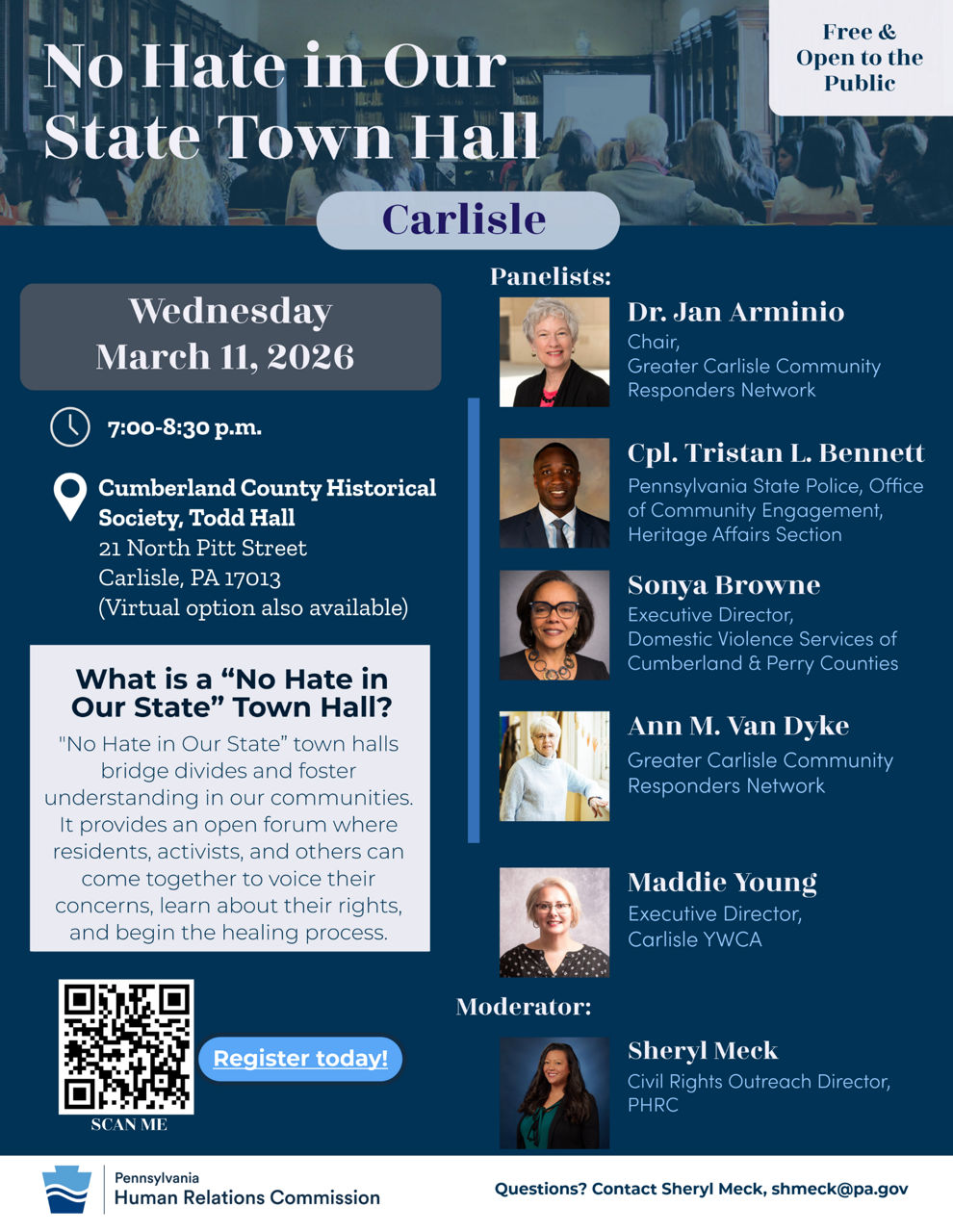 Flyer for No Hate in Our State Town Hall- Carlisle