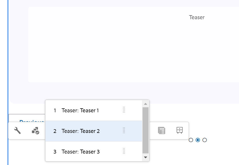 Panel option from authoring toolbar, showing options to edit Teaser 1, Teaser 2, or Teaser 3.