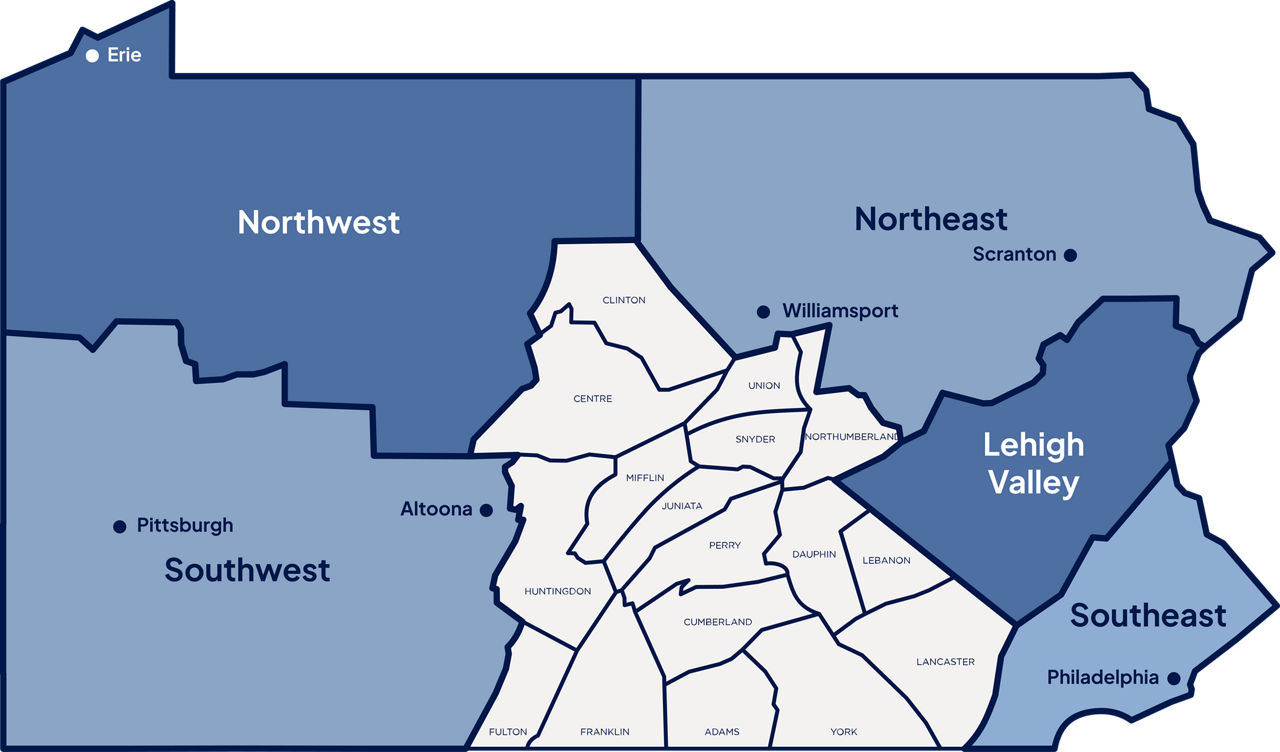 A map of Pennsylvania's six regions, with the Central PA region depicted in a cross-section overlay revealing the counties and major cities located within it.