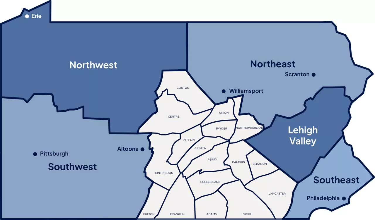 A map of Pennsylvania split into six regions. The central region is highlighted and separated by county,