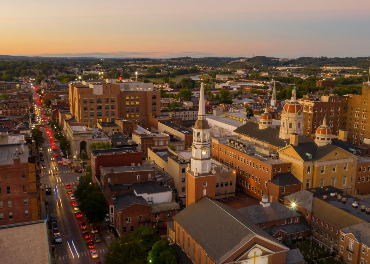 Aerial image of Harrisburg during sunset