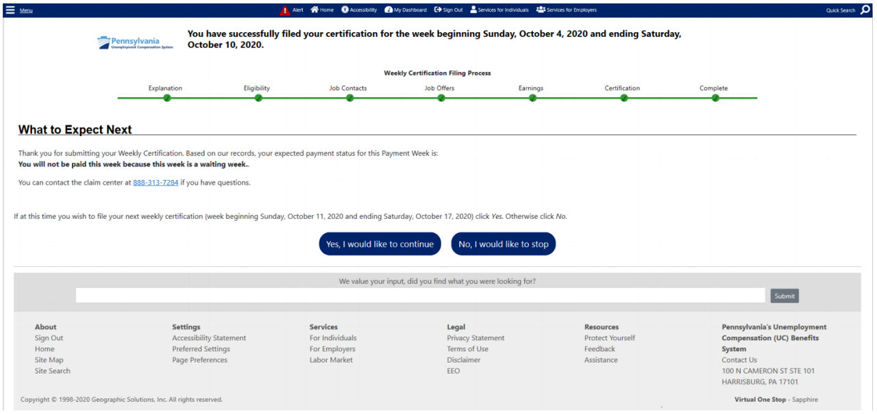 screenshot of confirmation page indicating that you have successfully filed your weekly certification