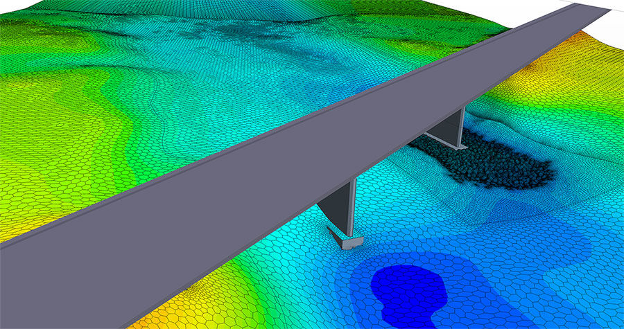 A digital rendering of a bridge over a waterway.