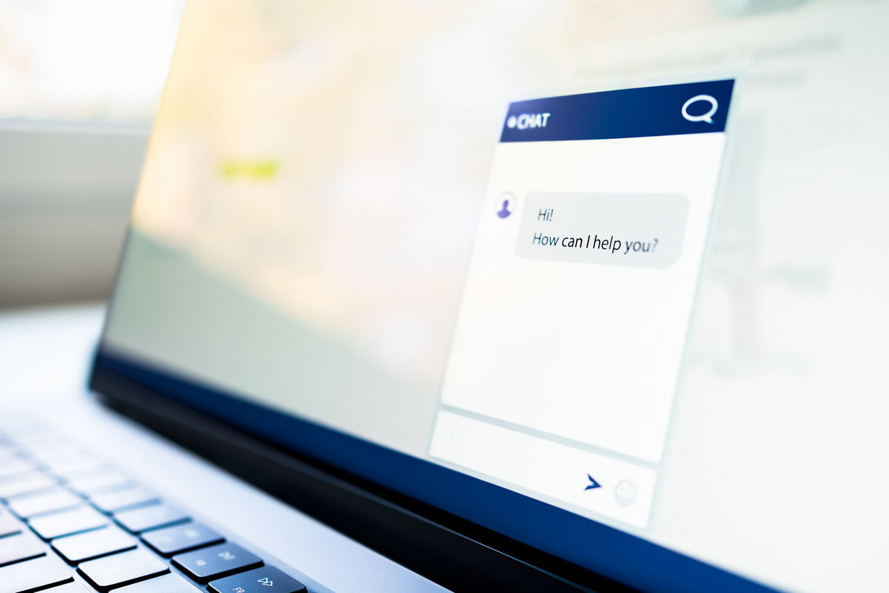 Computer screen with chat bot pop up open