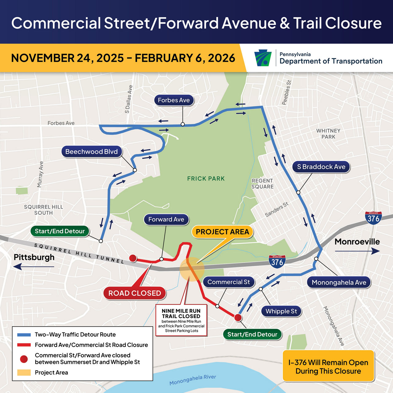 Detour Map of Commercial Street/Forward Ave Road and Trail Closure