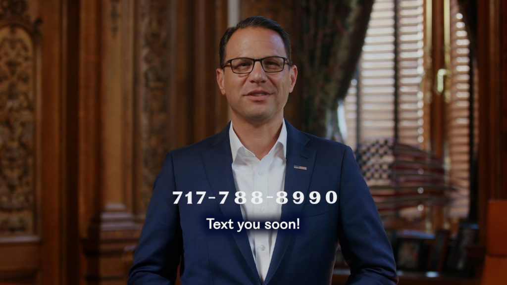 A photograph of Governor Shapiro that reads "717-788-8990 text you soon!"