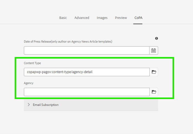 The Page Properties' CoPA tab, with the Content Type and Agency fields highlighted green.