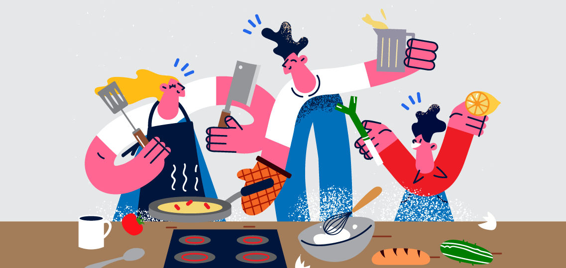 illustration of a family cooking together