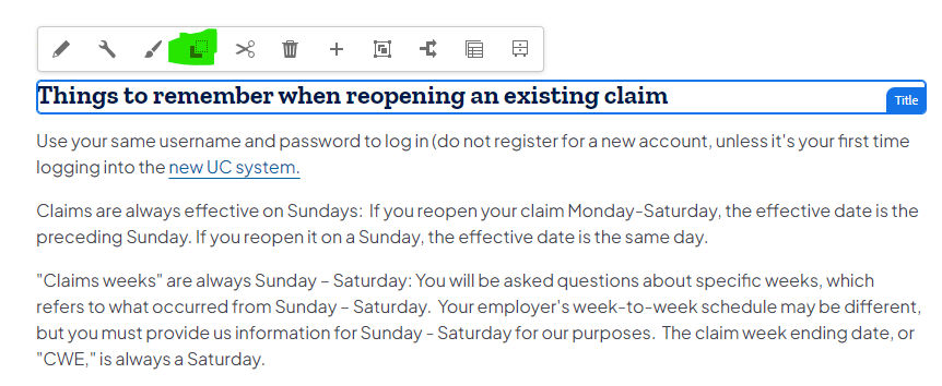 Title component selected, with the "copy" tool highlighted on the toolbar.