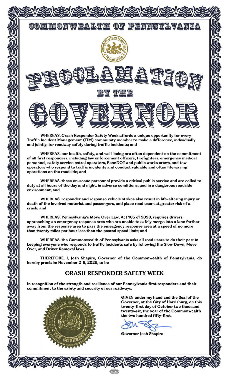 Image of governor's proclamation proclaiming Nov. 2-6, 20265 Crash Responder Safety Week