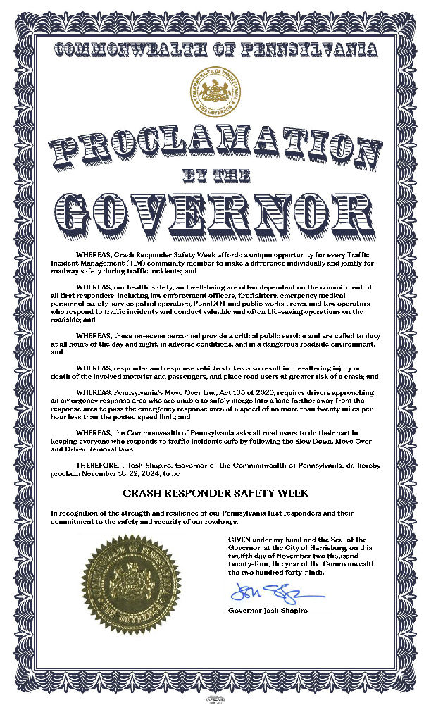 Image of governor's proclamation proclaiming Nov. 18-22, 2024 Crash Responder Safety Week