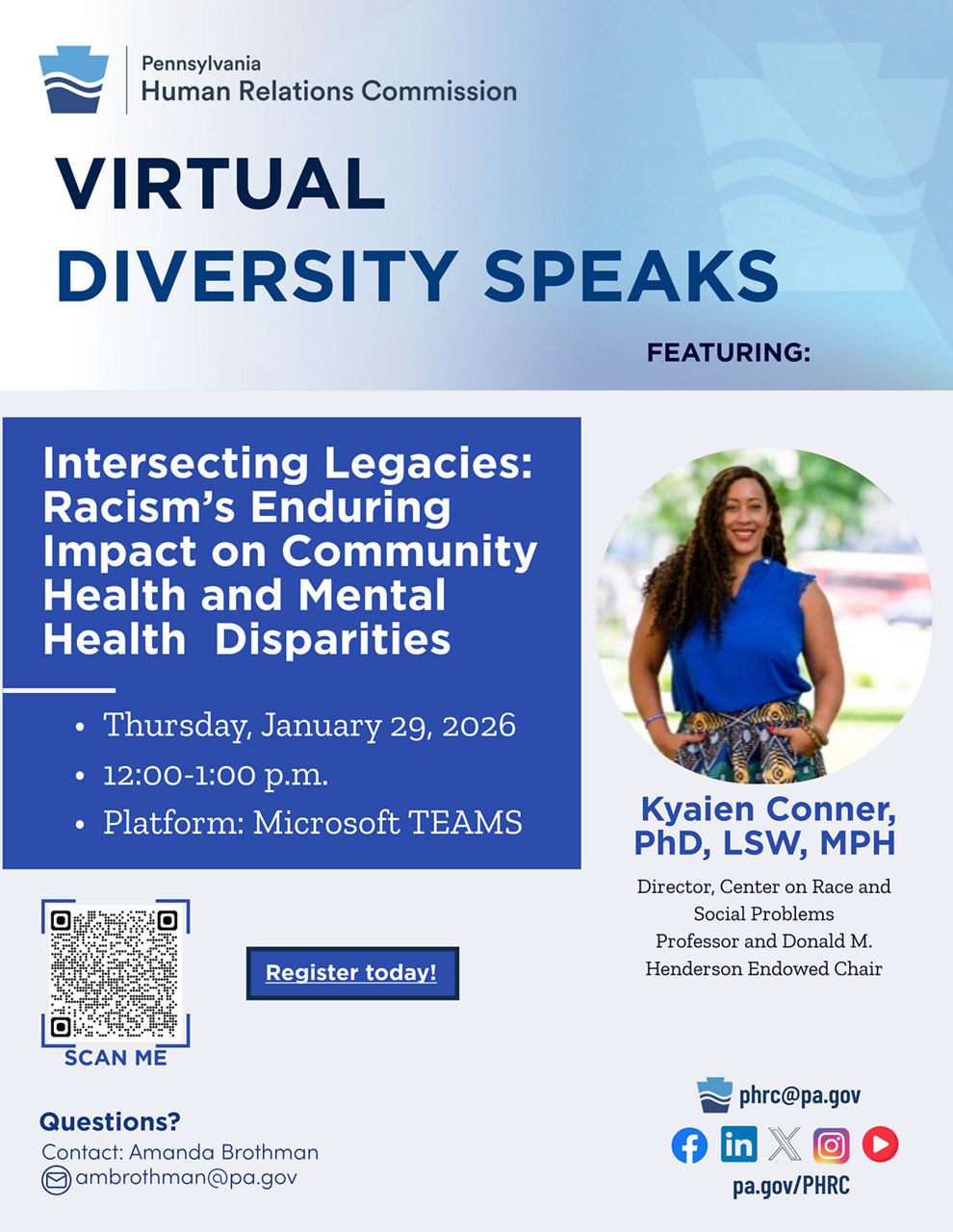 Flyer for PHRC Virtual Diversity Speaks: Intersecting Legacies: Racism’s Enduring Impact on Community Health and Mental Health Disparities