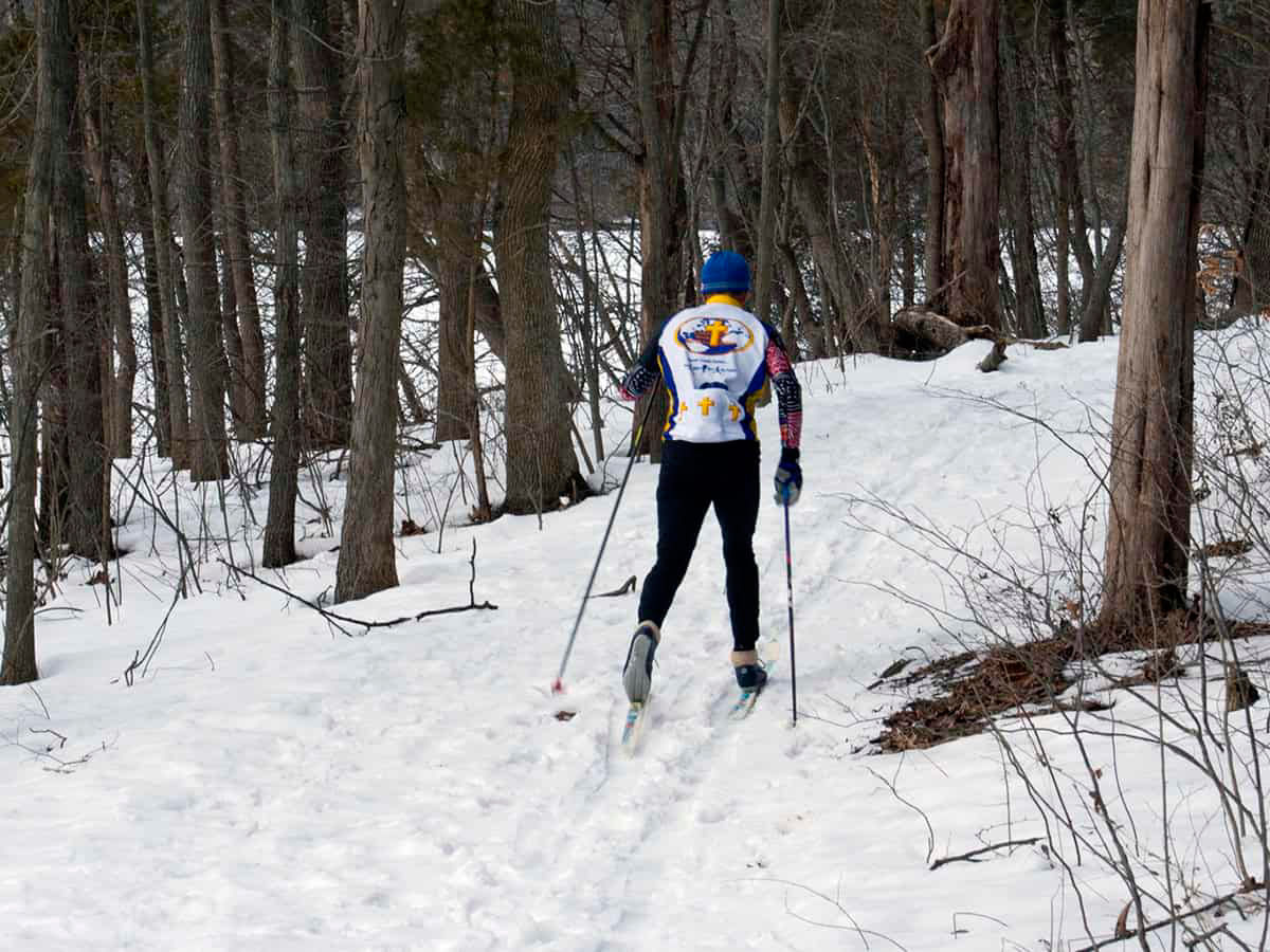 A man cross-country skiing through a forest on a blanket of white snow