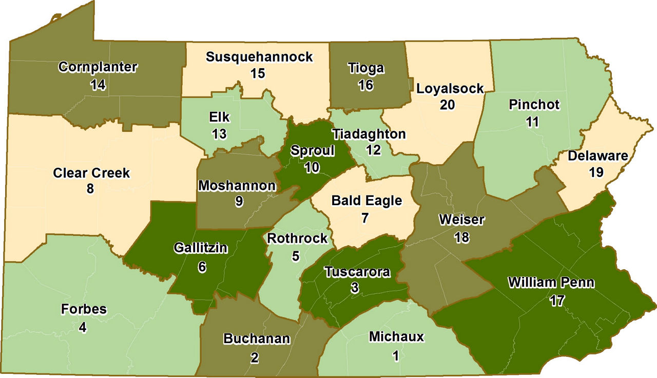 A map of Pennsylvania displaying the 20 state forest districts