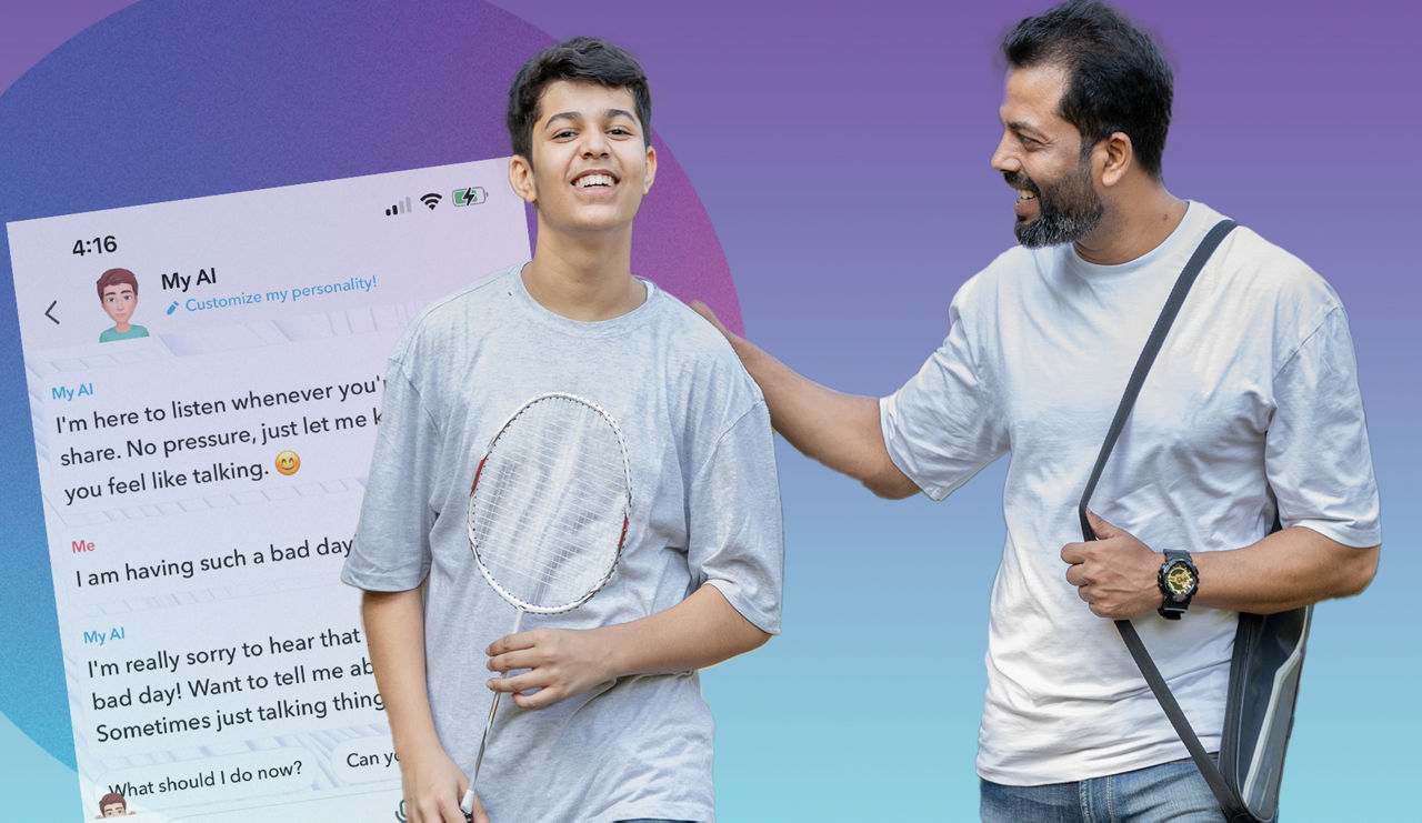 Dad and son walking and smiling