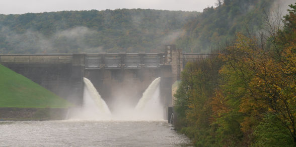 Water rushes from a dam in Pennsylvania.