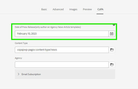 The Page Properties' CoPA tab, with the Date of Press Release field highlighted green.