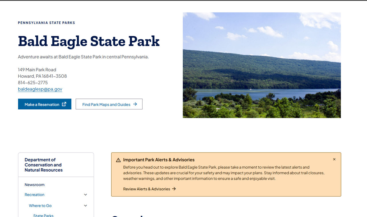 Sample In-Page Alerts component for Bald Eagle State Park, leading user to the page with Alerts Reference component.