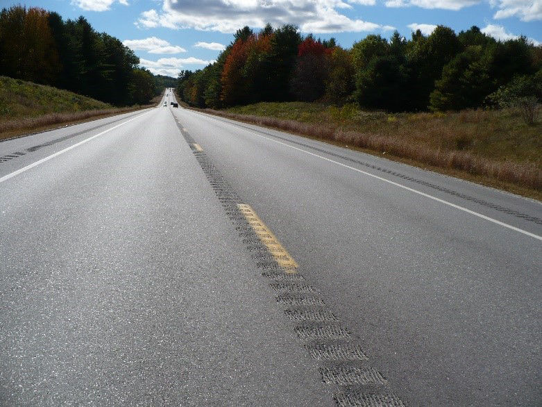 Open roadway with grass and tall trees in either side with blue skies