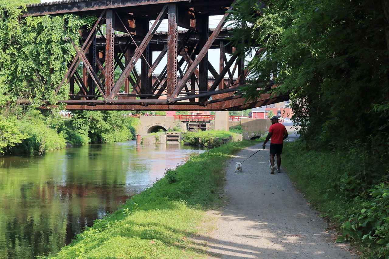 A man walking a leashed small dog on a gravel path along a canal