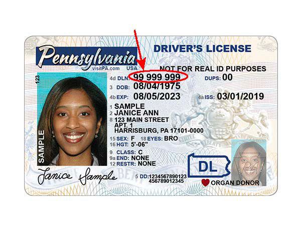 image of driver's license with red arrow and circle calling out the location of the driver's license number