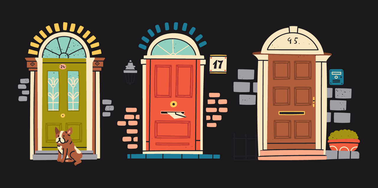 Three colorfully illustrated doorsteps. One has a french bulldog sitting on its stoop.