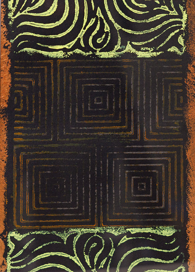 black background with stamped patterns in orange and yellow
